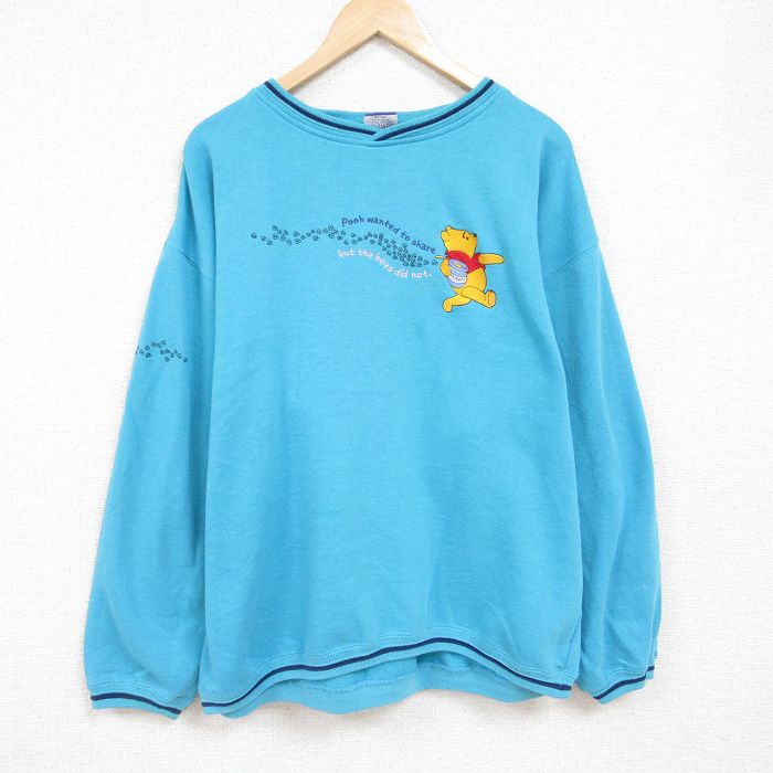 XL★古着 長袖 スウェット メンズ 00年代 00s ディズニー DISNEY くまのプーさん 刺繍 大きいサイズ クルーネック 水色 24jan16 中古 スエット トレーナー トップス