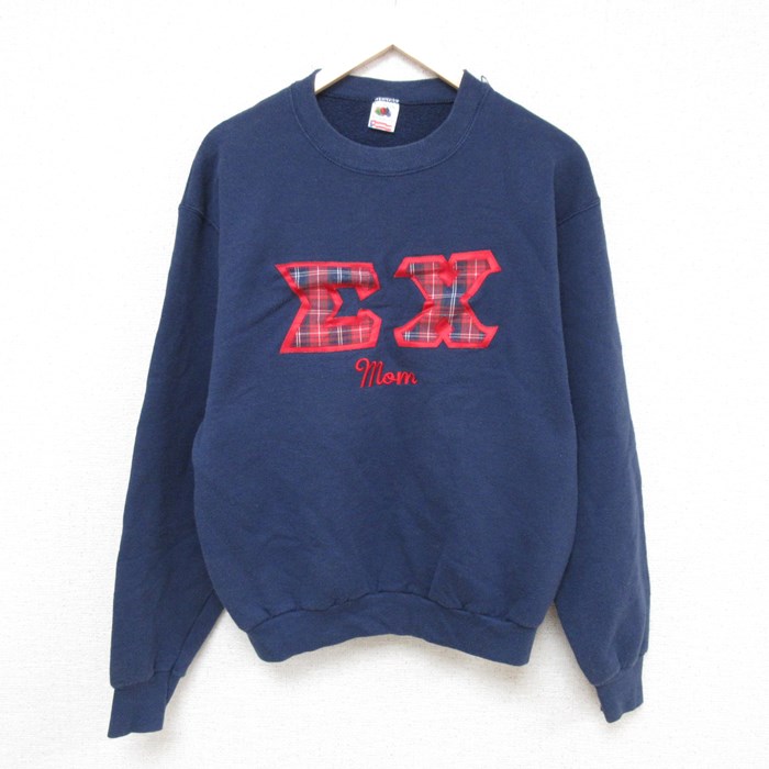 M★古着 フルーツオブザルーム 長袖 スウェット メンズ 90年代 90s EX MOM 刺繍 クルーネック USA製 紺 ネイビー 24jan17 中古 スエット トレーナー トップス