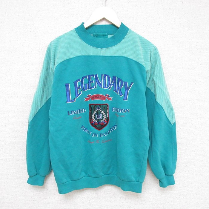 M★古着 IOU 長袖 スウェット メンズ 90年代 90s LEGENDARY 刺繍 モックネック ハイネック 緑 グリーン 24jan17 中古 スエット トレーナー トップス