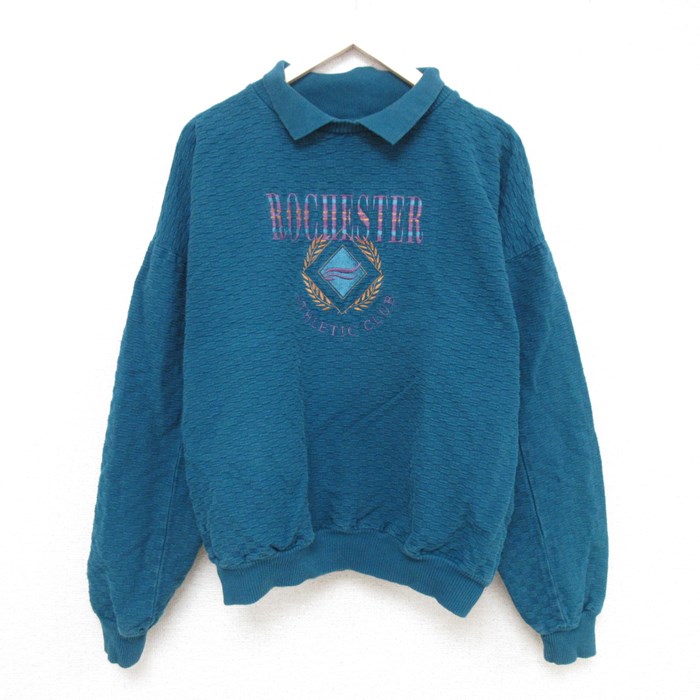 XL★古着 長袖 スウェット メンズ 90年代 90s ロチェスター 刺繍 大きいサイズ コットン 襟付き USA製 濃緑 グリーン 24jan17 中古 スエット トレーナー トップス