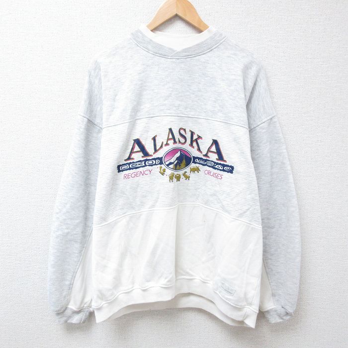 XL★古着 長袖 スウェット メンズ 90年代 90s アラスカ ツートンカラー 大きいサイズ クルーネック 薄グレー他 霜降り 24jan17 中古 スエット トレーナー トップス