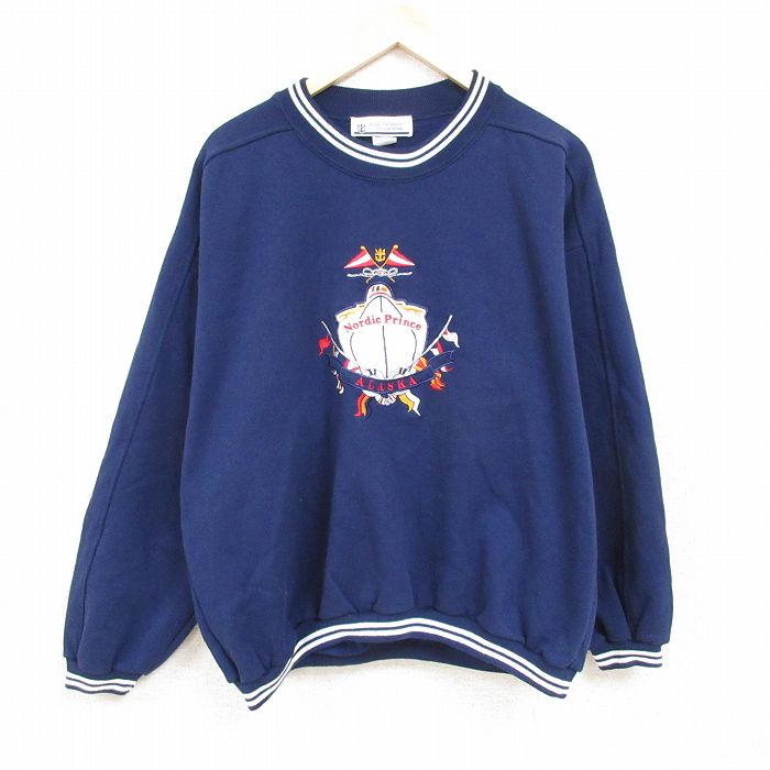XL★古着 長袖 スウェット メンズ 90年代 90s アラスカ 刺繍 大きいサイズ ラグラン クルーネック USA製 紺 ネイビー 24jan18 中古 スエット トレーナー トップス