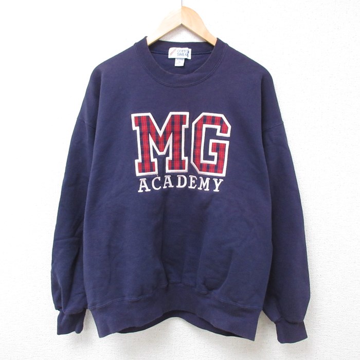 XL★古着 長袖 スウェット メンズ 90年代 90s MG ACADEMY 刺繍 クルーネック USA製 紺 ネイビー 24jan19 中古 スエット トレーナー トップス