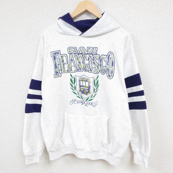 XL★古着 長袖 スウェット パーカー メンズ 90年代 90s サンフランシスコ 薄グレー 霜降り 24jan23 中古 スエット トレーナー トップス