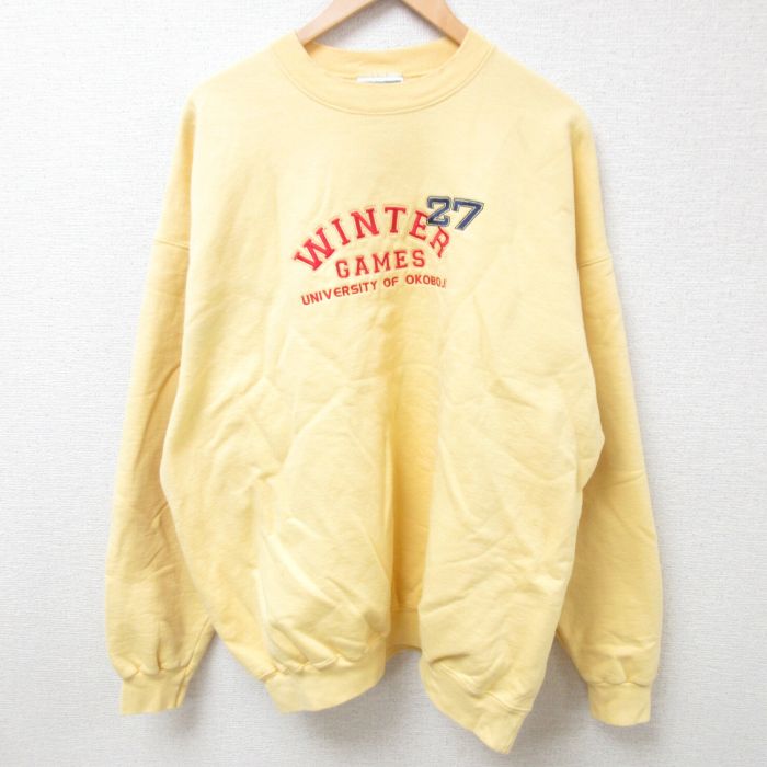 【50%OFF】XL★古着 ヘインズ Hanes 長袖 スウェット メンズ 00年代 00s オコボジ 大学 ウィンターゲーム 刺繍 大きいサイズ クルーネック 黄 イエロー 24jan25 中古 スエット トレーナー トップス