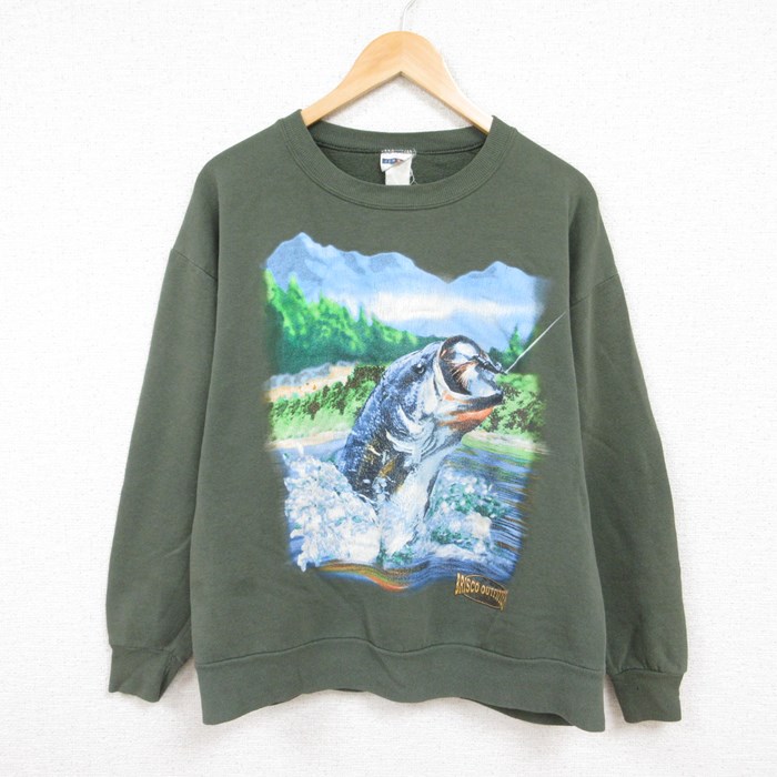 L★古着 ジャージーズ 長袖 スウェット メンズ 00年代 00s 釣り 魚 クルーネック 緑 グリーン 24jan26 中古 スエット トレーナー トップス