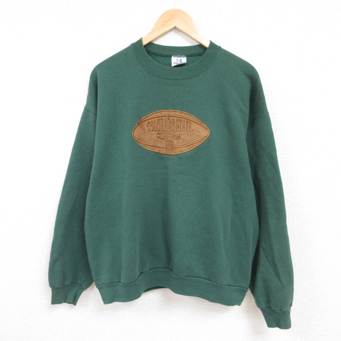 【50%OFF】XL★古着 長袖 スウェット メンズ 00年代 00s コロラド ラムズ ラグビーボール 刺繍 クルーネック USA製 緑 グリーン 24jan26 中古 スエット トレーナー トップス