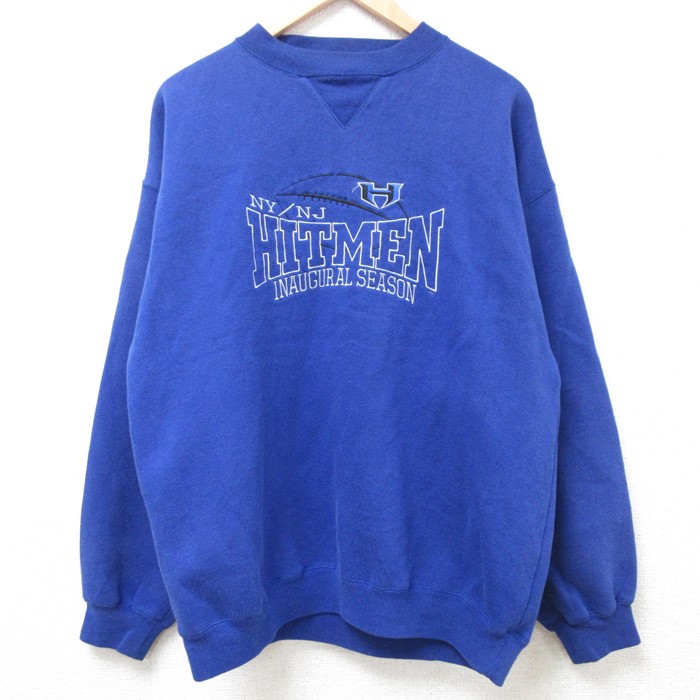 L★古着 長袖 スウェット メンズ 00年代 00s ニューヨークニュージャージーヒットマン 刺繍 クルーネック 紺 ネイビー 24jan26 中古 スエット トレーナー トップス