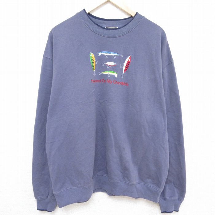 XL★古着 長袖 スウェット メンズ 00年代 00s ルアー 刺繍 クルーネック 薄紺 ネイビー 24jan26 中古 スエット トレーナー トップス