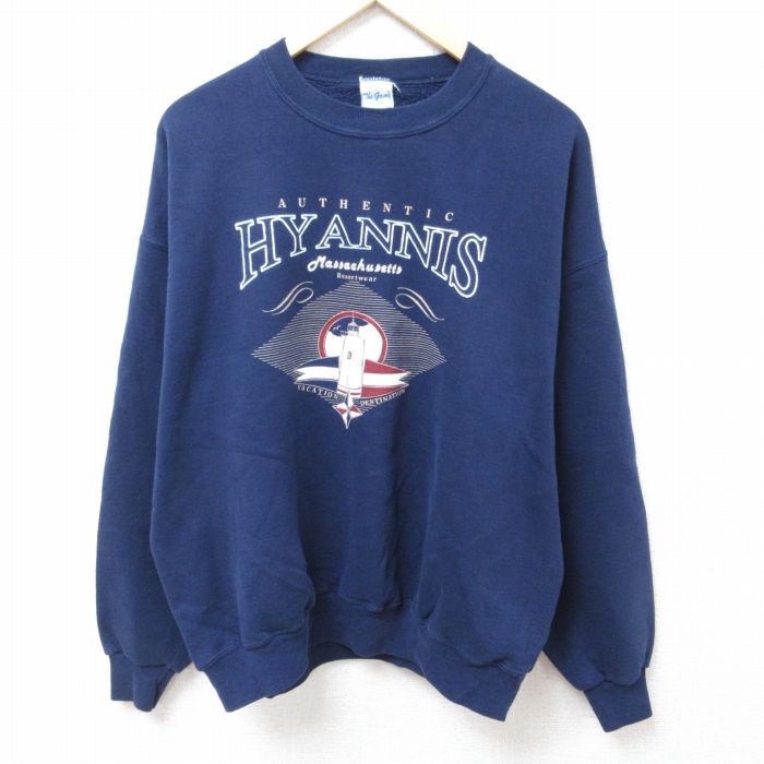 XL★古着 長袖 スウェット メンズ 90年代 90s 灯台 マサチューセッツ クルーネック USA製 紺 ネイビー 24jan30 中古 スエット トレーナー トップス