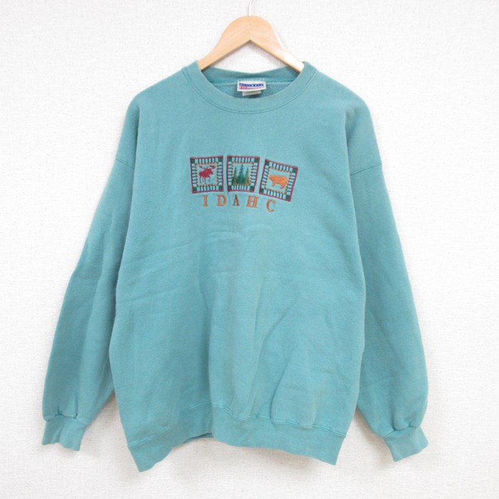 【50%OFF】XL★古着 ヘインズ Hanes 長袖 スウェット メンズ 00年代 00s アイダホ シカ 木 クマ 刺繍 クルーネック 青緑 24jan27 中古 スエット トレーナー トップス