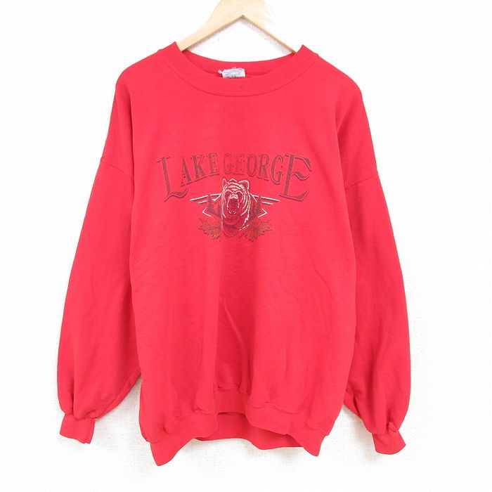 XL★古着 長袖 スウェット メンズ 00年代 00s ジョージ湖 クマ 大きいサイズ クルーネック 赤 レッド 24jan29 中古 スエット トレーナー トップス