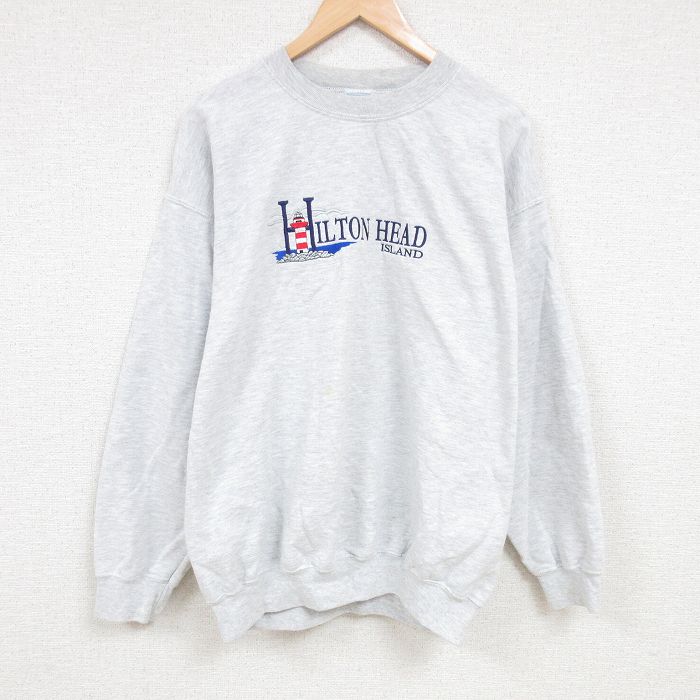 【50%OFF】XL★古着 長袖 スウェット メンズ 00年代 00s ヒルトンヘッド ハーバータウン燈台 刺繍 大きいサイズ クルーネック 薄グレー 霜降り 24jan29 中古 スエット トレーナー トップス