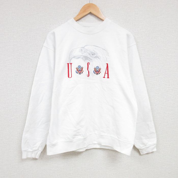 L★古着 長袖 スウェット メンズ 00年代 00s USA ワシ 刺繍 クルーネック 白 ホワイト 24jan29 中古 スエット トレーナー トップス