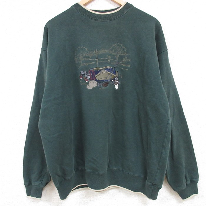 XL★古着 長袖 スウェット メンズ 00年代 00s ゴルフ 刺繍 クルーネック 濃緑 グリーン 24jan31 中古 スエット トレーナー トップス