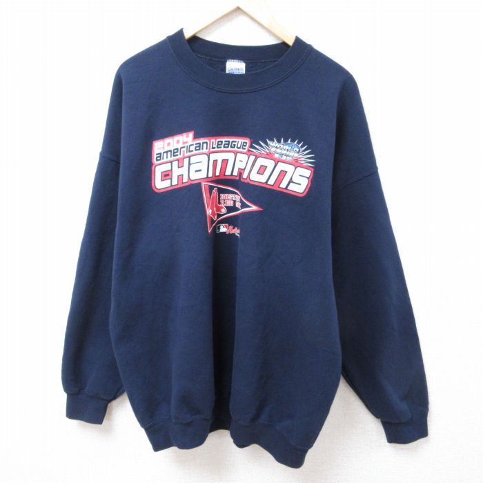 XL★古着 長袖 スウェット メンズ 00年代 00s MLB ボストンレッドソックス 大きいサイズ クルーネック 紺 ネイビー メジャーリーグ ベースボール 野球 24feb01 中古 スエット トレーナー トップス