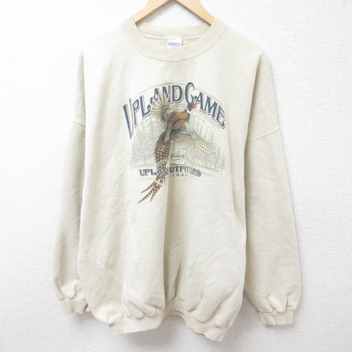 XL★古着 長袖 スウェット メンズ 00年代 00s 鳥 大きいサイズ クルーネック ベージュ カーキ 24feb03 中古 スエット トレーナー トップス