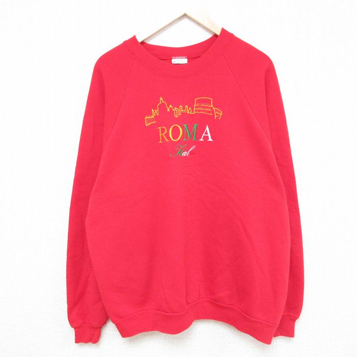 XL★古着 長袖 スウェット メンズ 90年代 90s ローマ 刺繍 ラグラン クルーネック アイルランド製 赤 レッド 24feb06 中古 スエット トレーナー トップス