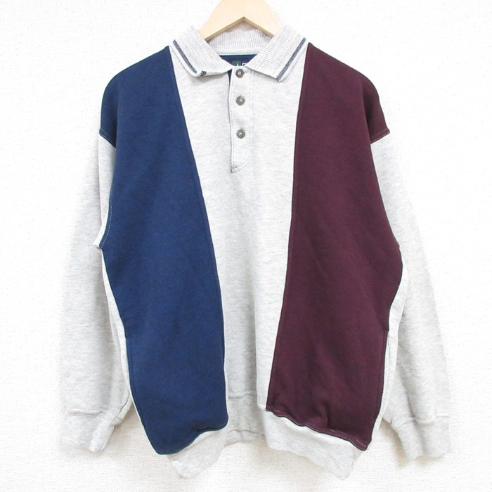 【50%OFF】L★古着 長袖 スウェット メンズ 00年代 00s 無地 マルチカラー 襟付き 薄グレー他 24apr17 中古 スエット トレーナー トップス
