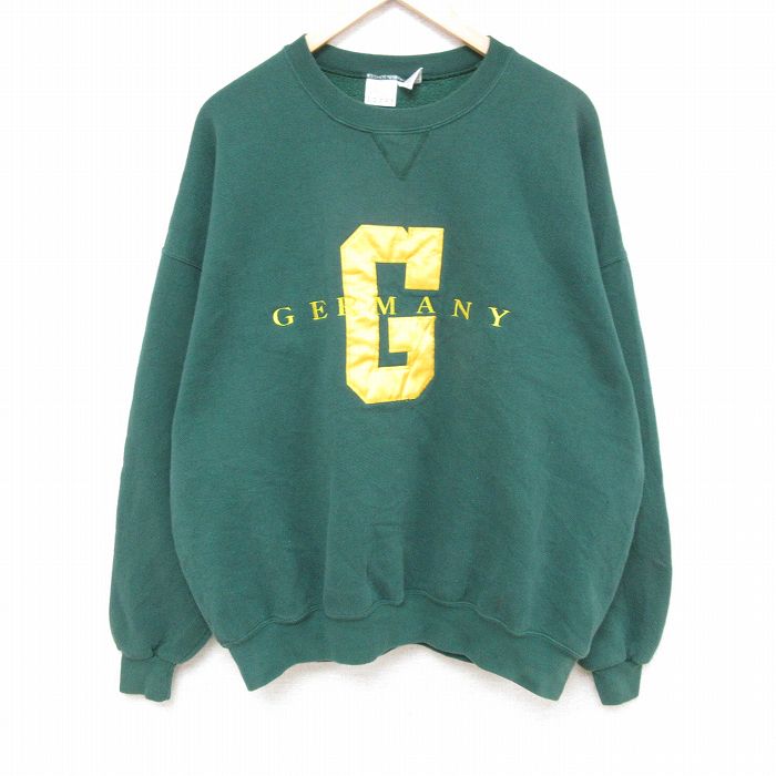 XL★古着 長袖 スウェット メンズ 90年代 90s ドイツ 刺繍 大きいサイズ クルーネック USA製 緑 グリーン 24apr17 中古 スエット トレーナー トップス