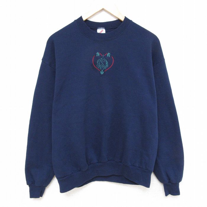 【50%OFF】L★古着 ジャージーズ 長袖 スウェット メンズ 90年代 90s ハート 刺繍 クルーネック USA製 紺 ネイビー 24apr17 中古 スエット トレーナー トップス