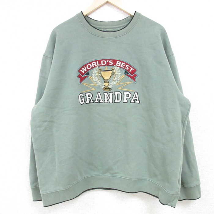 XL★古着 長袖 スウェット メンズ GRANDPA トロフィー 刺繍 クルーネック 薄緑 グリーン 24may10 中古 スエット トレーナー トップス