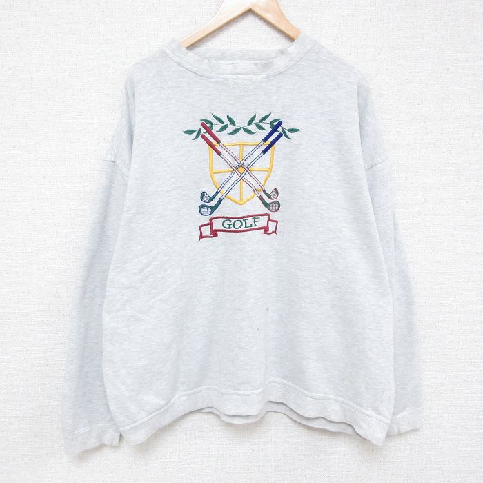 XL★古着 長袖 スウェット メンズ 90年代 90s ゴルフ 刺繍 大きいサイズ クルーネック 薄グレー 霜降り 24may14 中古 スエット トレーナー トップス