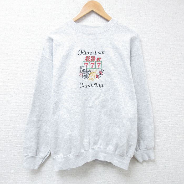 【50%OFF】XL★古着 長袖 スウェット メンズ 90年代 90s ギャンブル 刺繍 クルーネック USA製 薄グレー 霜降り 24may16 中古 スエット トレーナー トップス