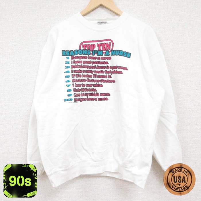 オニータ 90s 長袖スウェット NURSE ホワイト メンズL相当 | 古着