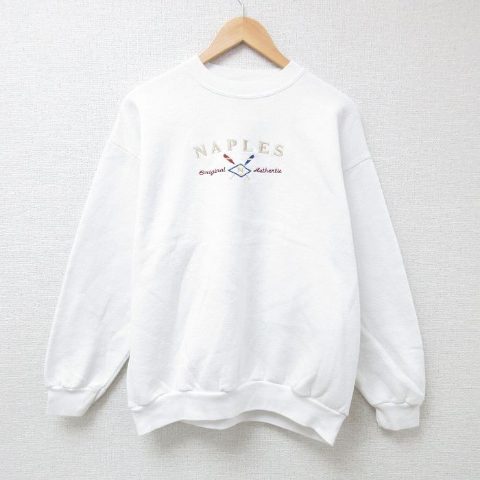 XL★古着 TULTEX 長袖 スウェット メンズ 90年代 90s ナポリ 刺繍 クルーネック 白 ホワイト 24may17 中古 スエット トレーナー トップス