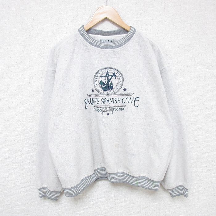 XL★古着 長袖 スウェット メンズ 90年代 90s イカリ 表起毛 クルーネック 薄グレー 24may18 中古 スエット トレーナー トップス