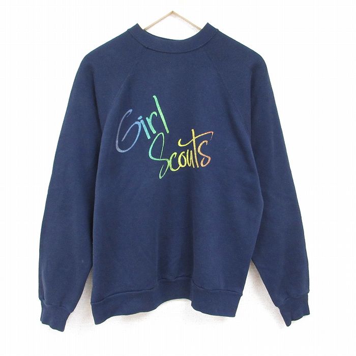 【50%OFF】L★古着 長袖 スウェット メンズ 80年代 80s ガールスカウト ラグラン クルーネック USA製 紺 ネイビー 24may20 中古 スエット トレーナー トップス