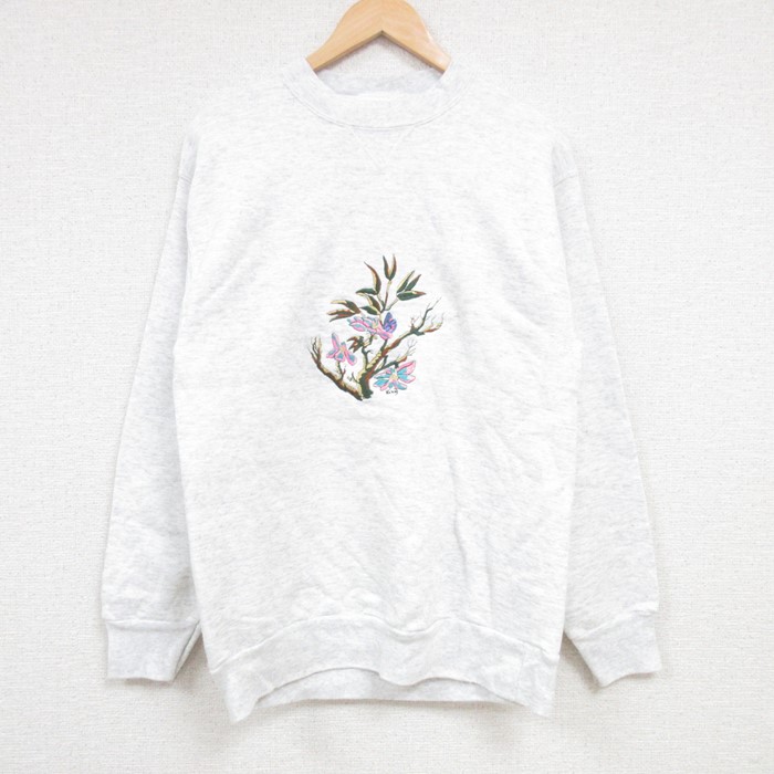 【50%OFF】M★古着 SIGNAL 長袖 スウェット メンズ 00年代 00s 花 刺繍 クルーネック USA製 薄グレー 霜降り 24aug20 中古 スエット トレーナー トップス