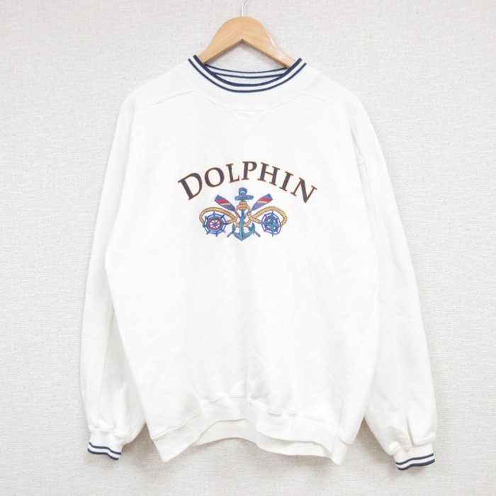 L★古着 長袖 スウェット メンズ 00年代 00s ドルフィン イカリ 刺繍 クルーネック 白 ホワイト 24aug20 中古 スエット トレーナー トップス