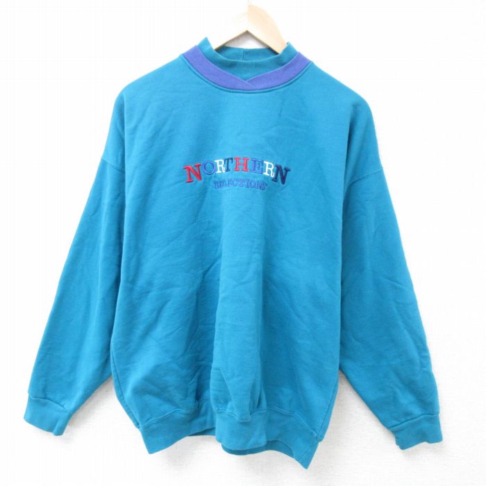 XL★古着 長袖 スウェット メンズ 90年代 90s NORTHERN 刺繍 クルーネック カナダ製 青 ブルー 24aug22 中古 スエット トレーナー トップス