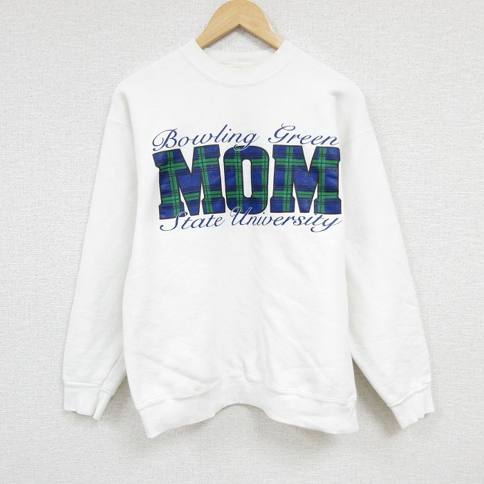 L★古着 長袖 スウェット メンズ 90年代 90s ボーリンググリーン 大学 クルーネック USA製 白 ホワイト 24aug22 中古 スエット トレーナー トップス