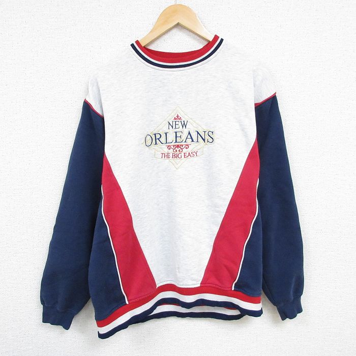 XL★古着 長袖 スウェット メンズ 00年代 00s ニューオーリンズ 刺繍 マルチカラー クルーネック 薄グレー他 霜降り 24aug23 中古 スエット トレーナー トップス