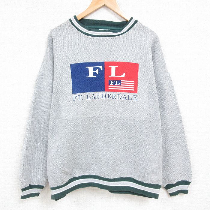 XL★古着 長袖 スウェット メンズ 90年代 90s フォートローダーデール 鹿の子 大きいサイズ クルーネック グレー 霜降り 24aug26 中古 スエット トレーナー トップス
