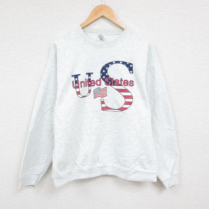 【50%OFF】L★古着 フルーツオブザルーム 長袖 スウェット メンズ 00年代 00s 星条旗 クルーネック 薄グレー 霜降り 24aug26 中古 スエット トレーナー トップス