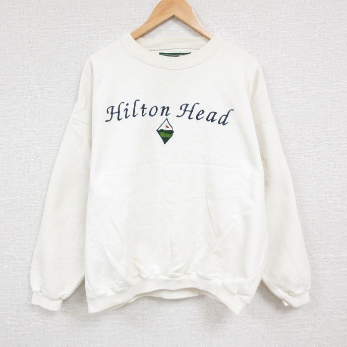 XL★古着 長袖 スウェット メンズ 00年代 00s ヒルトンヘッド 刺繍 大きいサイズ クルーネック USA製 白 ホワイト 24aug26 中古 スエット トレーナー トップス