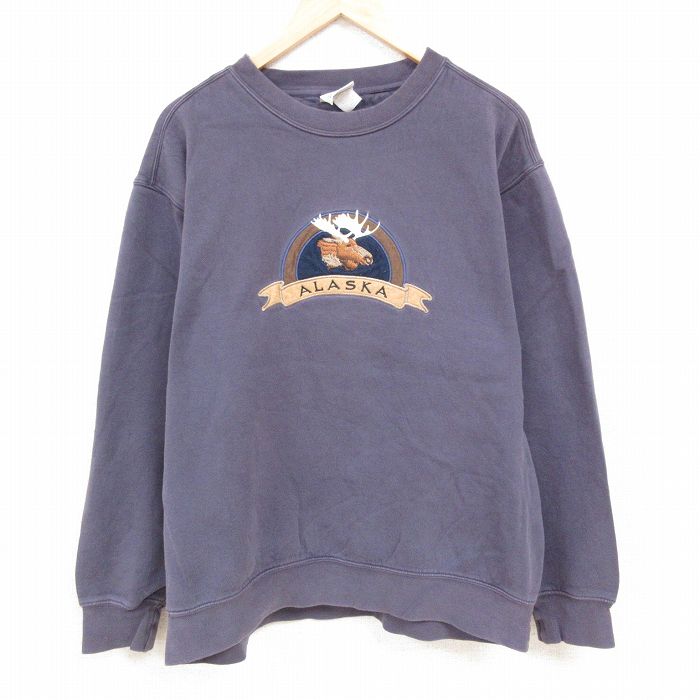 XL★古着 長袖 スウェット メンズ 00年代 00s アラスカ シカ 刺繍 大きいサイズ クルーネック 紺 ネイビー 【spe】 24aug26 中古 スエット トレーナー トップス