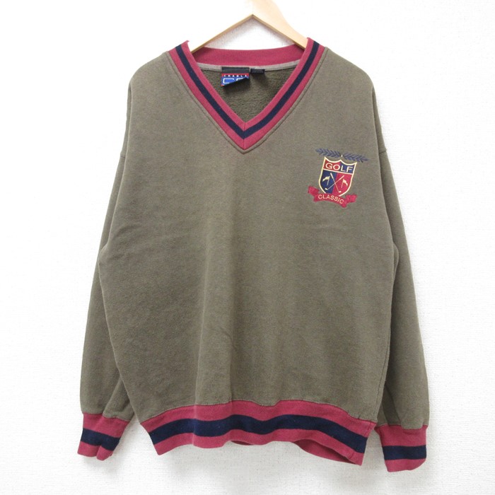 XL★古着 長袖 スウェット メンズ 00年代 00s ゴルフ Vネック 濃緑 グリーン 24aug29 中古 スエット トレーナー トップス