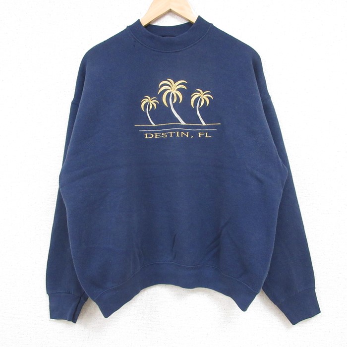 【50%OFF】フルーツオブザルーム 90s 長袖スウェット ヤシの木刺繍 ネイビー L | 古着
