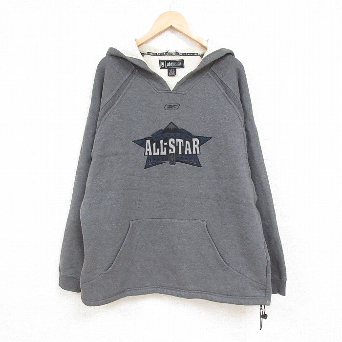 【50%OFF】XL★古着 リーボック REEBOK 長袖 スウェット パーカー メンズ 00年代 00s NBA ALLSTAR 刺繍 大きいサイズ ラグラン Vネック 濃グレー 霜降り 24aug29 中古 スエット トレーナー トップス