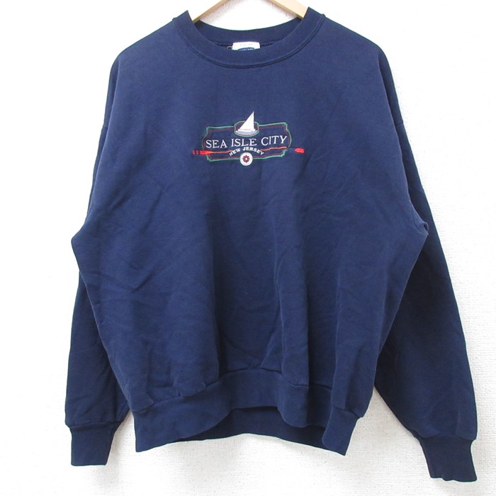 XL★古着 長袖 スウェット メンズ 00年代 00s SEA ISLE CITY ヨット 刺繍 クルーネック 紺 ネイビー 24aug30 中古 スエット トレーナー トップス