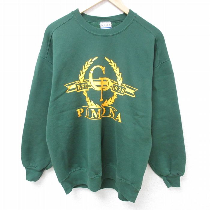 【50%OFF】L★古着 長袖 スウェット メンズ 90年代 90s ポモナ クルーネック USA製 濃緑 グリーン 24aug31 中古 スエット トレーナー トップス