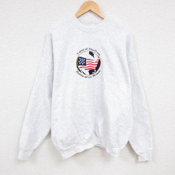 【50%OFF】XL★古着 長袖 スウェット メンズ 00年代 00s 星条旗 刺繍 大きいサイズ クルーネック 薄グレー 霜降り 24sep02 中古 スエット トレーナー トップス