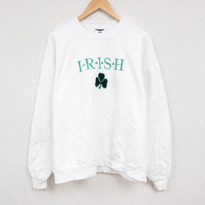 【50%OFF】XL★古着 ジャージーズ 長袖 スウェット メンズ 00年代 00s アイリッシュ クローバー 刺繍 大きいサイズ クルーネック 白 ホワイト 24sep02 中古 スエット トレーナー トップス