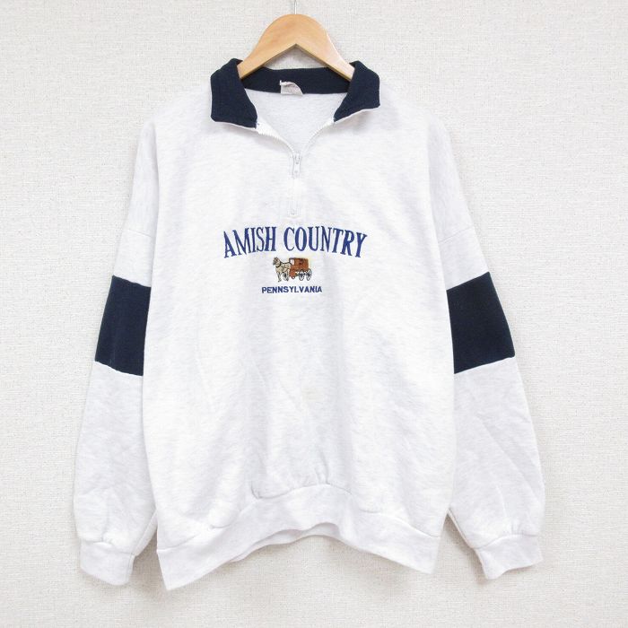 XL★古着 長袖 ハーフジップ スウェット メンズ 90年代 90s アーミッシュ 馬 刺繍 ツートンカラー 大きいサイズ USA製 薄グレー 霜降り 24sep02 中古 スエット トレーナー トップス