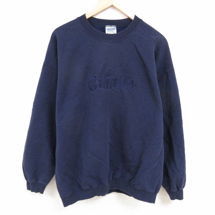 XL★古着 長袖 スウェット メンズ 00年代 00s カナダ 刺繍 大きいサイズ クルーネック 紺 ネイビー 24sep03 中古 スエット トレーナー トップス